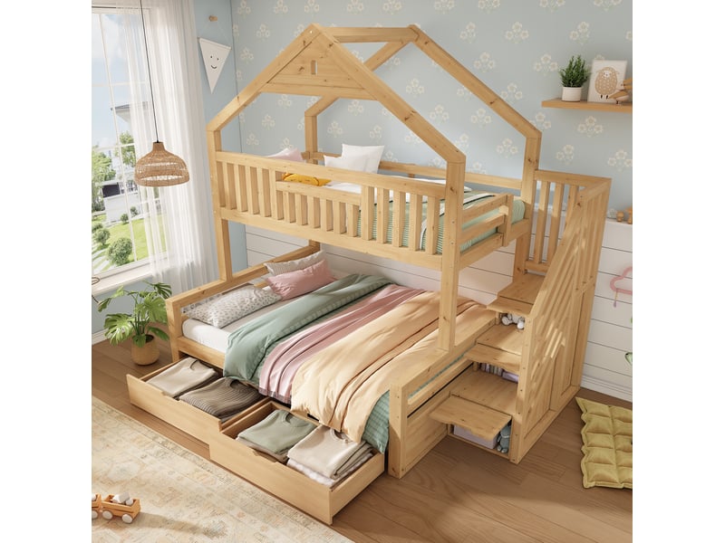  Lit superposé enfant 90 × 200 cm et 140 × 200 cm, 3 places, escalier, 2 tiroirs, sans matelas, chêne  - Conforama C