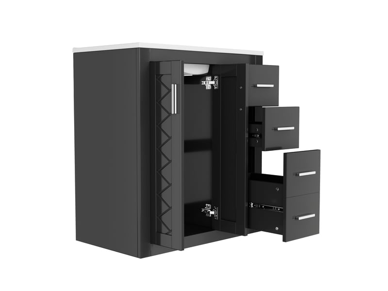  Meuble vasque sur pied noir, 76 x 46,5 x 85,5 cm, en mdf et céramique, avec 3 tiroirs à coulisses silencieuses  - Conforama A