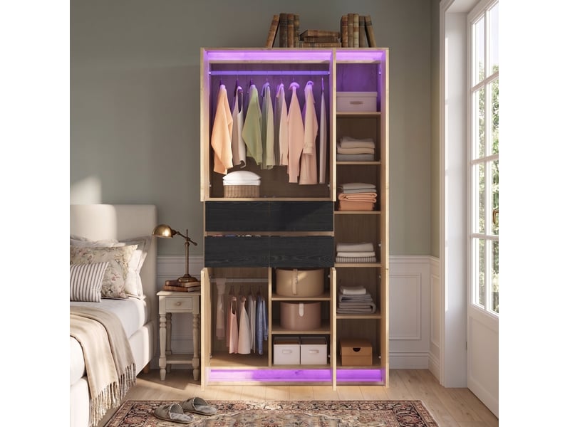  Armoire 110x47x200 cm avec miroir, led, 4 tiroirs, décor chêne et anthracite  - Conforama D