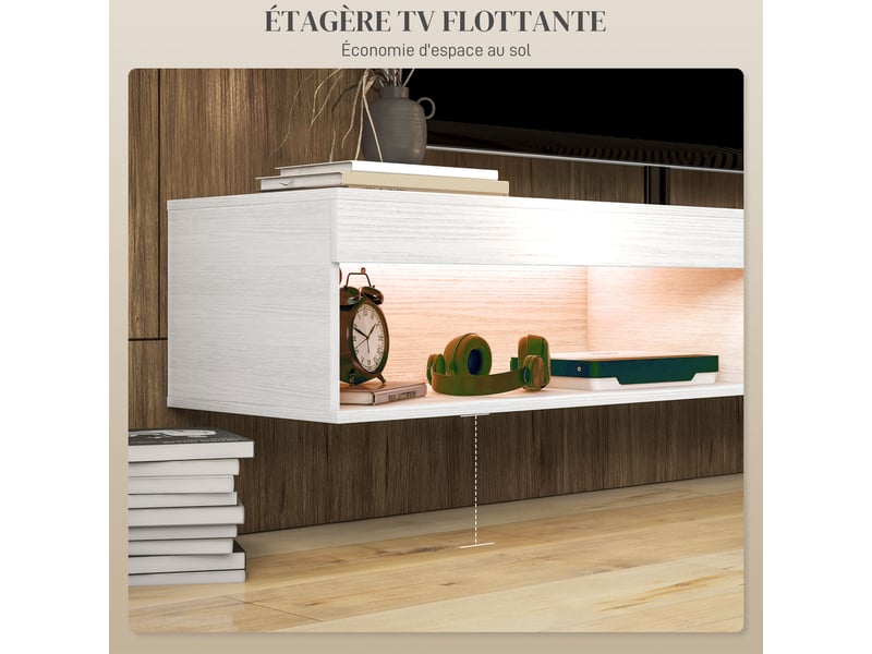  Meuble tv suspendu mural avec éclairage led pour téléviseurs jusqu'à 75 pouces, 180l x 40l x 30h cm, étagères, blanc  - Conforama A