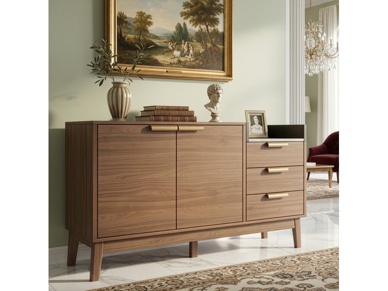  Buffet bas ulevr avec rangement, 3 tiroirs et 2 portes battantes, 120 x 40 x 77 cm, plateau effet marbre, mdf et bois, chêne foncé  - Conforama B