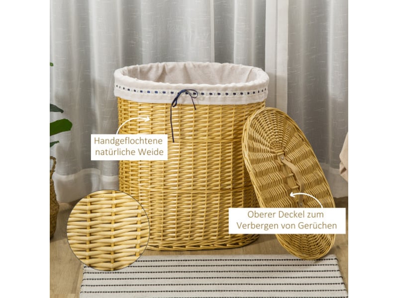  Panier à linge en osier naturel 100 l avec couvercle, 51 x 38 x 57 cm, pour chambre et salle de bain  - Conforama C