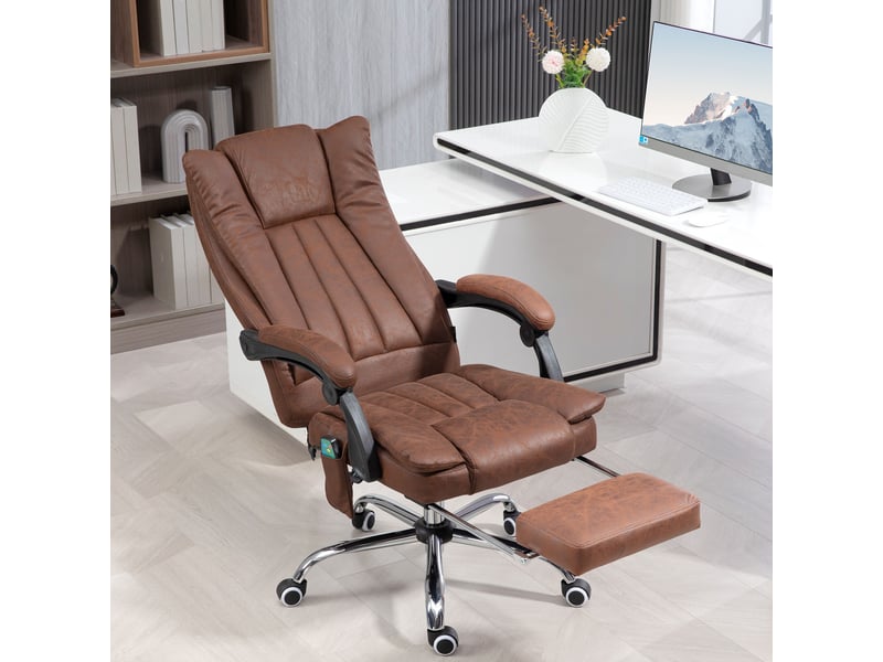  Fauteuil de bureau massant et chauffant avec hauteur réglable, dossier inclinable, marron, repose-pied et télécommande  - Conforama D