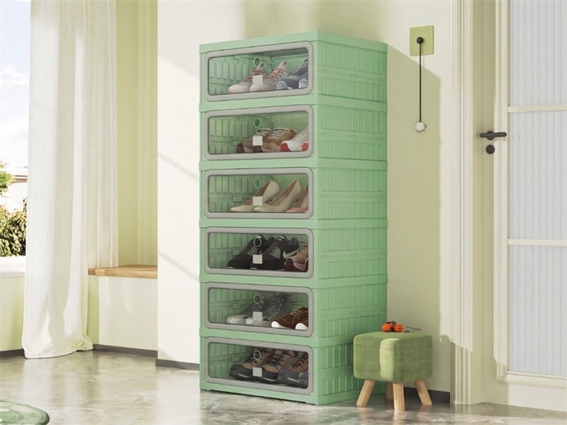  Meuble à chaussures 45x34.5x105.5cm - étagère pliable 1 colonne 6 niveaux - meuble de rangement en plastique - vert et gris  - Conforama D