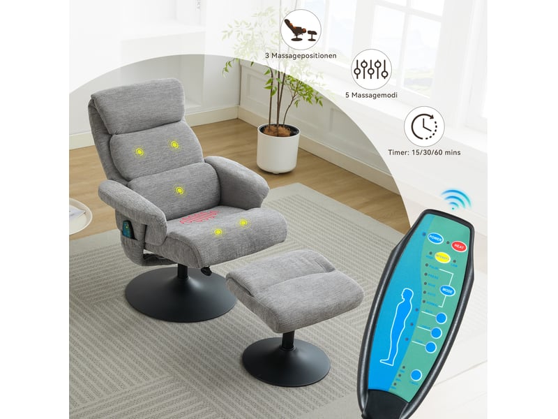  Fauteuil relax 77x75,5x100 cm massage 5 points fonction chauffante pivotant 360° — gris  - Conforama D