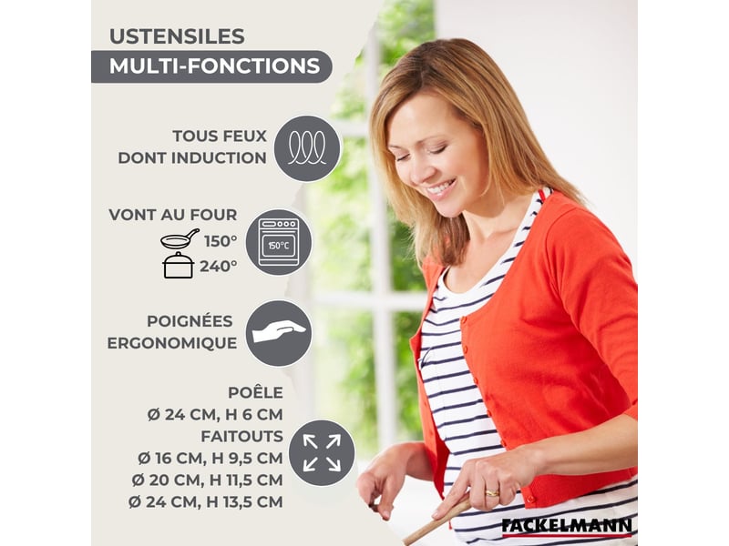Set de 1 poêle 24 cm en inox et couvercle, 3 faitouts inox 16, 20 et 24 cm fackelmann geneva 9355050B - Conforama D
