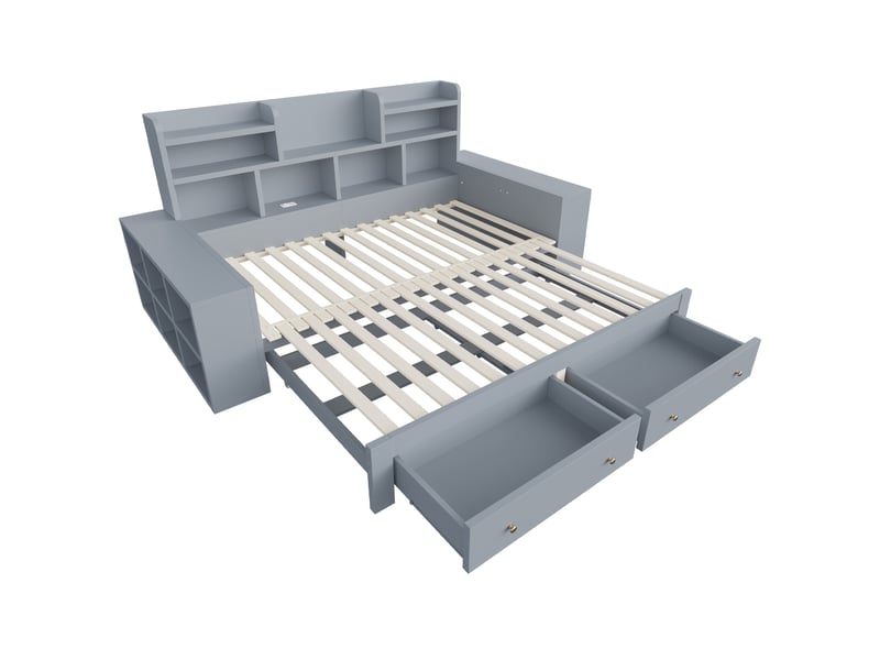  Lit banquette extensible 90/180x200 cm gris avec rangements, prises et led  - Conforama E