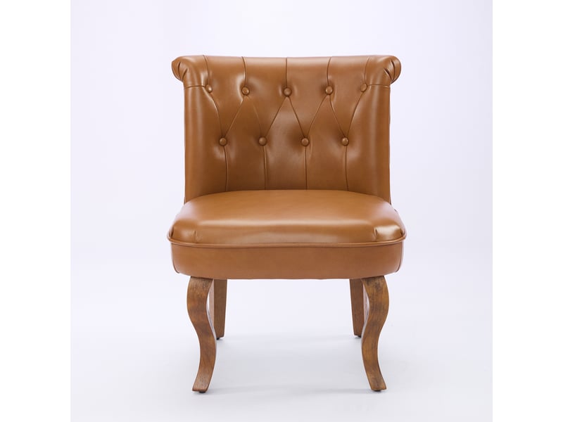  Chaise de salle à manger en cuir avec dossier capitonné et pieds en bois, style moderne, brun clair  - Conforama A