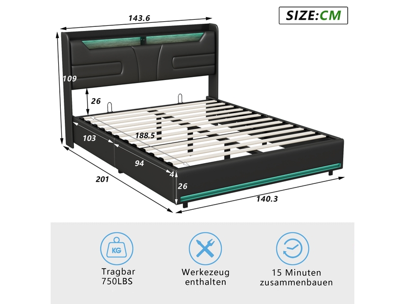  Lit coffre 140x190 cm avec rangement hydraulique, led et usb ports, lit adultes avec sommier à lattes et tête de lit, lit double pour adulte et adolescent, sans matelas, noir pu  - Conforama B