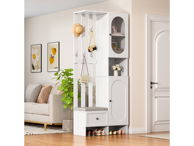  Vestiaire d'entrée, meuble de rangement avec banc de chaussage et portemanteau, en panneaux de particules et verre trempé 85x33.5x200cm, blanc  - Conforama B