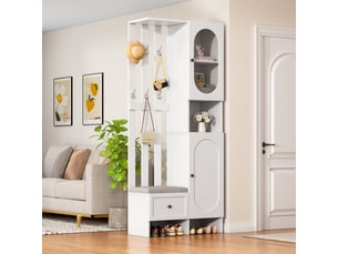 Vestiaire d'entrée, meuble de rangement avec banc de chaussage et portemanteau, en panneaux de particules et verre trempé 85x33.5x200cm, blanc