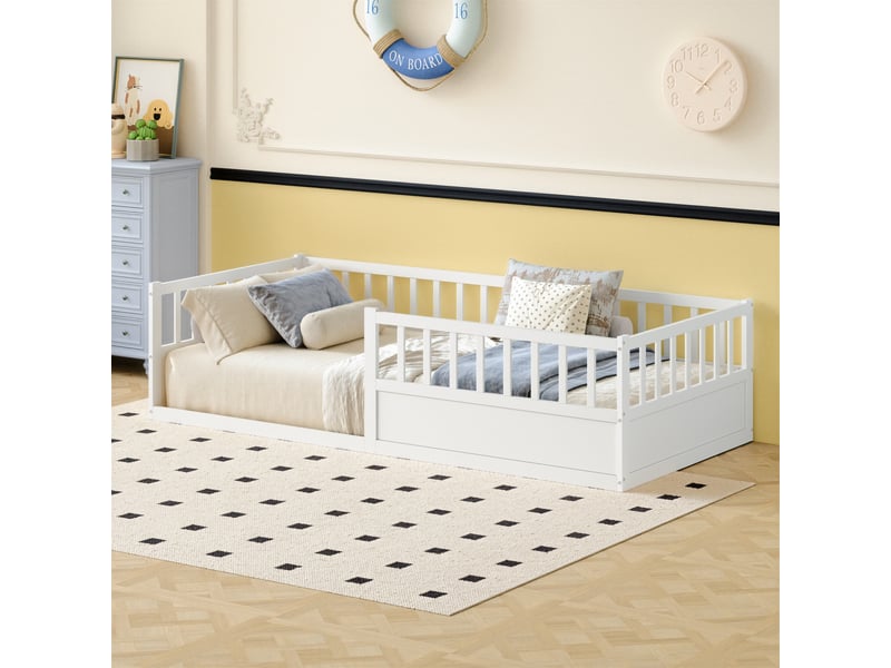  Lit enfant 90x200 cm-lit  au sol 90x200 cm - avec barrières de sécurité et sommier à lattes- bois de pin- blanc  - Conforama B