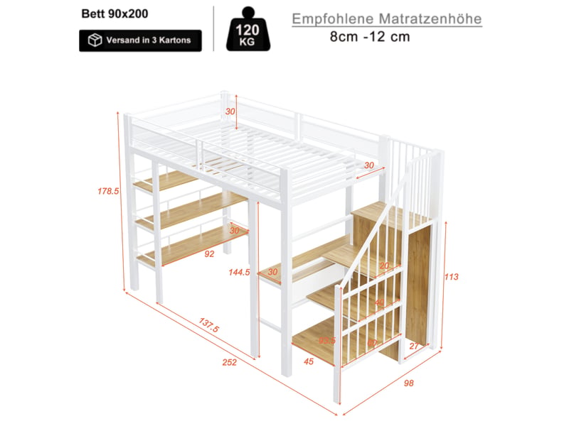 Lit mezzanine 90x200 cm avec bureau et rangements en métal blanc - Conforama E