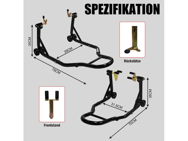 Béquilles avant et arrière pour moto noires en acier, capacité 200 kg, supports réglables pour entretien  - Conforama C