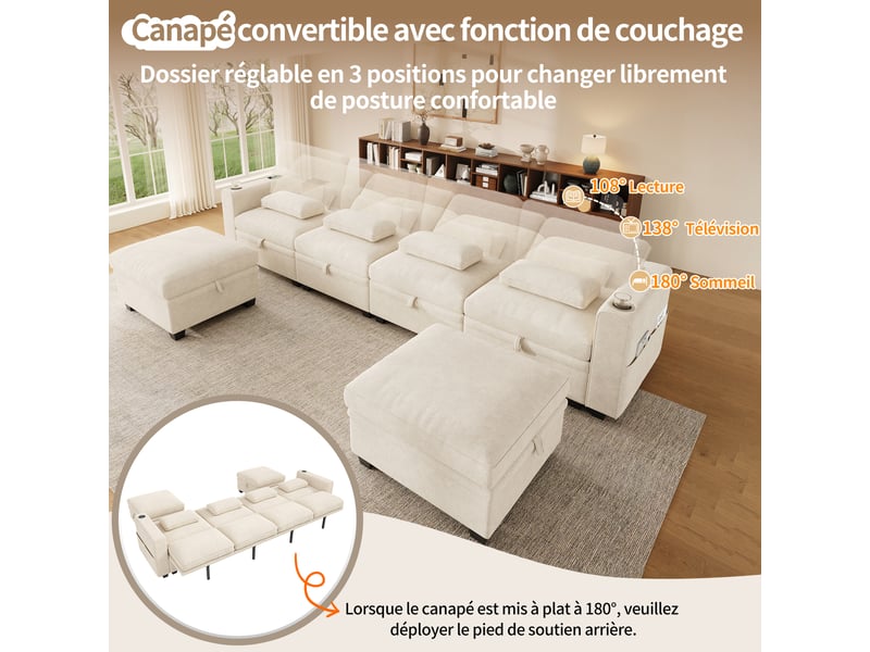  Canapé d’angle modulable convertible 6 places en chenille beige, coffres, 2 poufs, usb-c et dossier réglable  - Conforama E