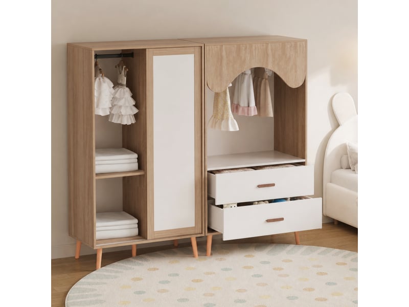  Armoire combinée enfant blanc bois naturel 160 x 46 x 141.5 cm portes coulissantes tiroirs penderie  - Conforama D