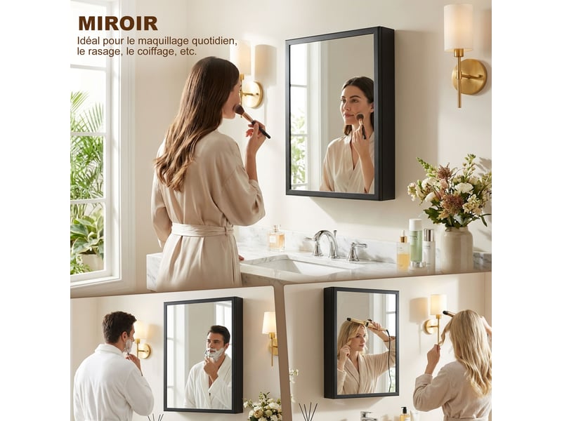  Armoire miroir de salle de bain armoire murale armoire à glace avec 1 porte et 2 étagères en acier noir 40 x 12 x 60 cm  - Conforama E