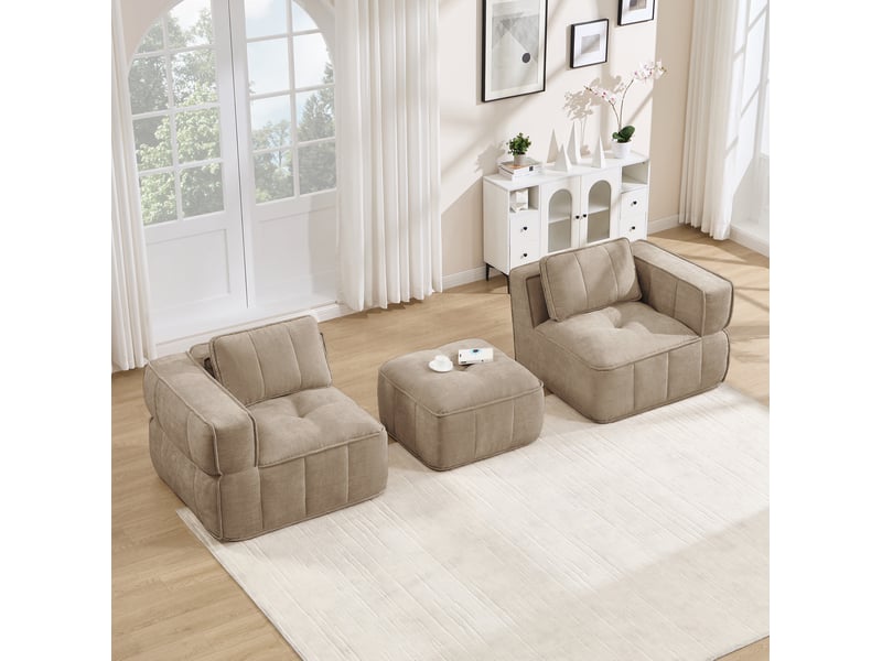 Canapé d'angle modulable 2 places avec pouf, assise profonde et base antidérapante en polyester sable - Conforama D