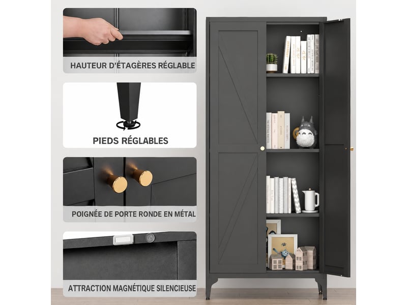  Armoire de rangement métallique noire, 2 portes et 3 étagères réglables, 70 x 35 x 165 cm  - Conforama D