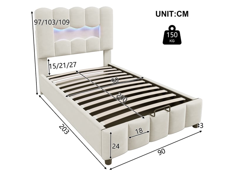  Lit coffre 90x200 cm rangement hydraulique, éclairage multicolore en velours et mdf beige  - Conforama E
