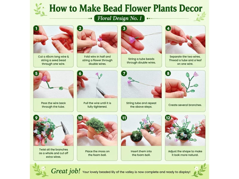  Kit plantes en perles 3000 pièces, fleurs et feuilles en verre, kit diy avec pots outils et tutoriel pour adultes  - Conforama D