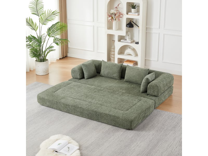  Canapé convertible 2 places 4 en 1 modulable, dossier réglable, sans montage, base antidérapante, 4 coussins, mousse haute élasticité, chenille kaki  - Conforama C