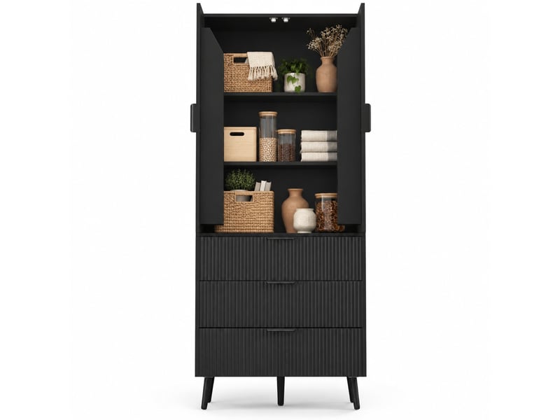 Armoire de cuisine,75x35x180 cm,2 portes et 3 tiroirs,mdf,noir