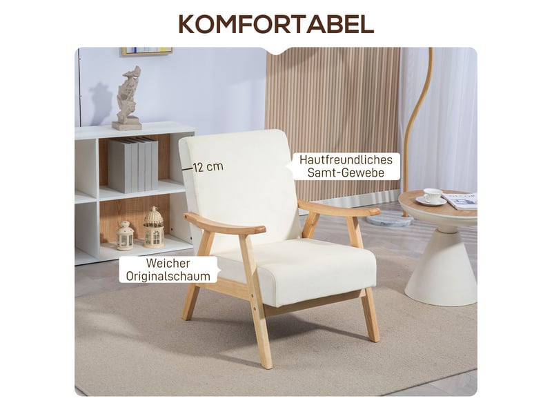  Fauteuil en velours et bois d'hévéa blanc crème 65 x 80 x 83 cm  - Conforama D