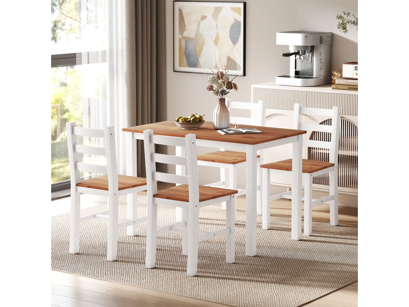  Ensemble de salle à manger, table, 4 chaises, ensemble de salle à manger, bois de pin, marron et blanc  - Conforama C