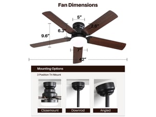 Ventilateur de plafond avec lumière et télécommande 106cm, moteur dc silencieux, led 3 couleurs, minuterie, pales réversibles
