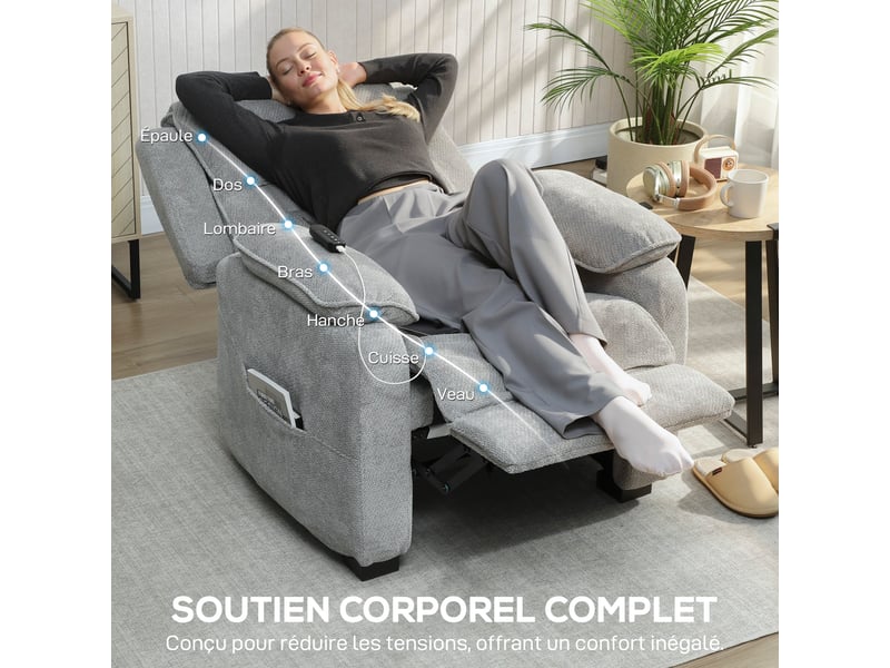 Fauteuil relax électrique fauteuil inclinable port usb repose-pieds poches latérales télécommande 86x90x103cm gris clair - Conforama R