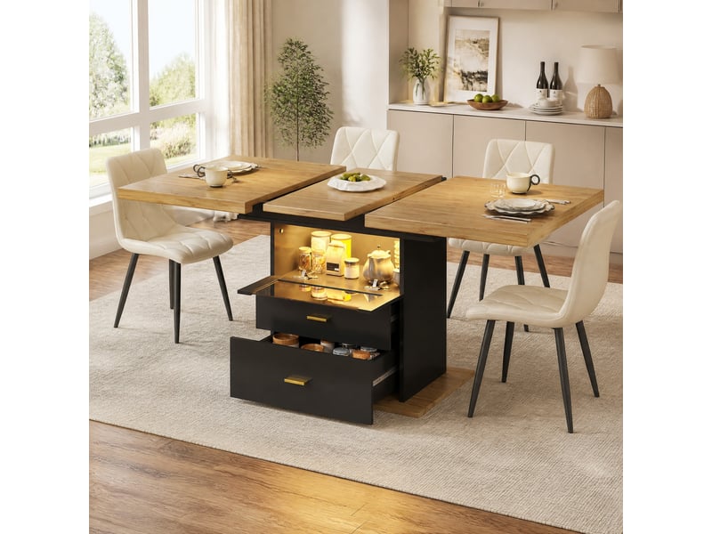  Table de salle à manger pour 6 personnes avec 2 tiroirs et plateau extensible, éclairage led, bois et noir  - Conforama C
