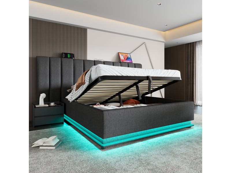  Lit adulte double rangement 180x200 hydraulique led usb type c lin gris matelas homvra  - Conforama C