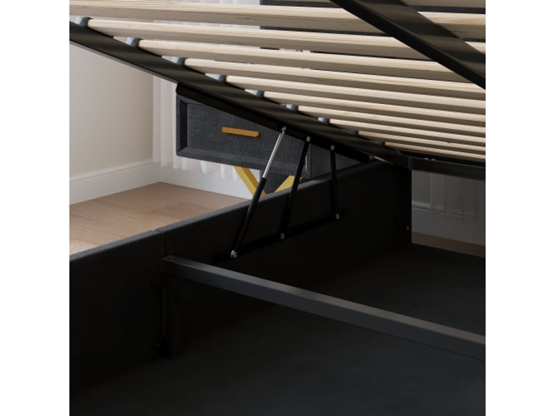 Lit-coffre réglable velours 266x205x117 cm avec rangement, cadre vertical quilté, 2 bancs et 2 lampes led latérales - Conforama E