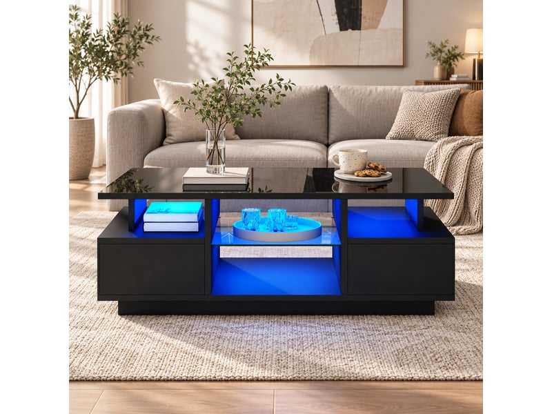  Table basse led noire brillante avec 2 tiroirs, niches ouvertes et étagères en verre, 100x50x36 cm  - Conforama D