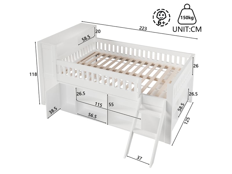  Lit surélevé 120x200 cm avec éclairage led et rangements intégrés, tiroir fermé, mdf et pin, blanc sans matelas  - Conforama C