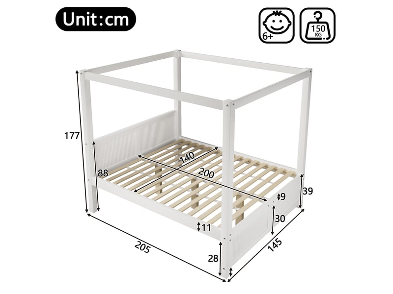  Lit à baldaquin 140x200 cm avec cadre de toit décoratif, lattes verticales têtepieds, mdf pin, blanc, sans matelas  - Conforama C