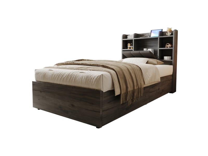  Lit en bois 90 x 200 cm, lit hydraulique, tête de lit avec espace de rangement, équipé de prises usb et tape-c, lit simple, lit enfant, gris (sans matelas)  - Conforama A