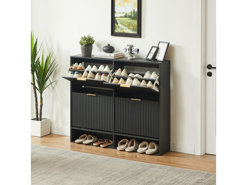 Meuble à chaussures étroit avec portes basculantes, 120 x 24 x 102 cm, mdf noir, façade rainurée - Conforama R