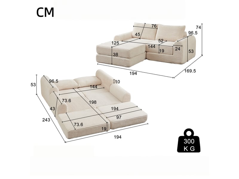  Canapé d’angle modulable en velours côtelé avec pouf amovible – accoudoirs arrondis, 74×194×169.5 cm, beige  - Conforama C