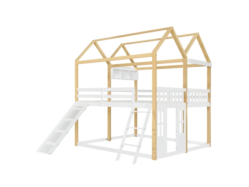  Lit mezzanine enfant 90x200 cm blanc et bois avec toboggan, échelle et espace jeu  - Conforama D