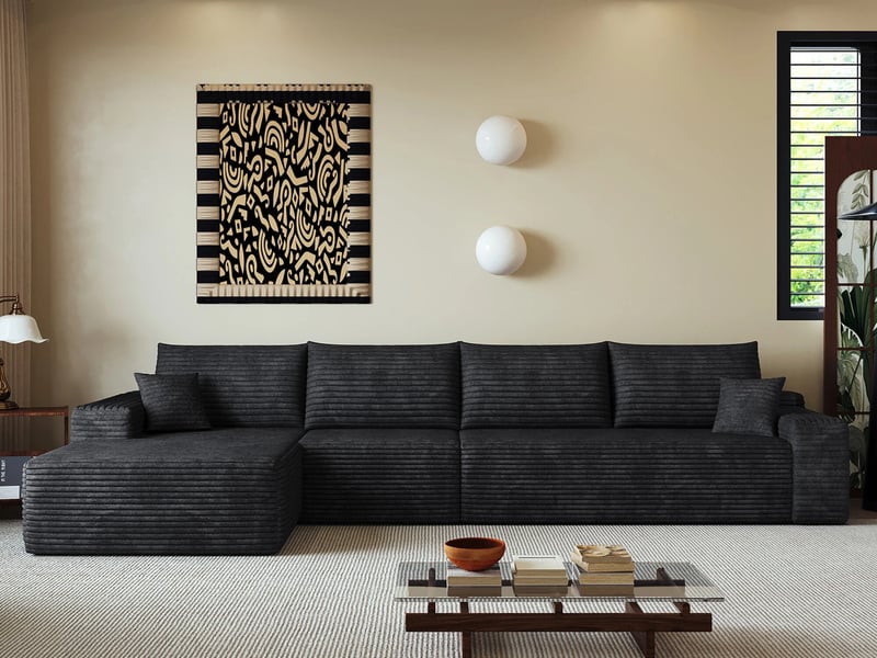  Canapé d'angle  modulaire ,4 places, avec méridienne en l, assise profonde ,aucun assemblage requis,340 × 175 ×83cm, noir  - Conforama B