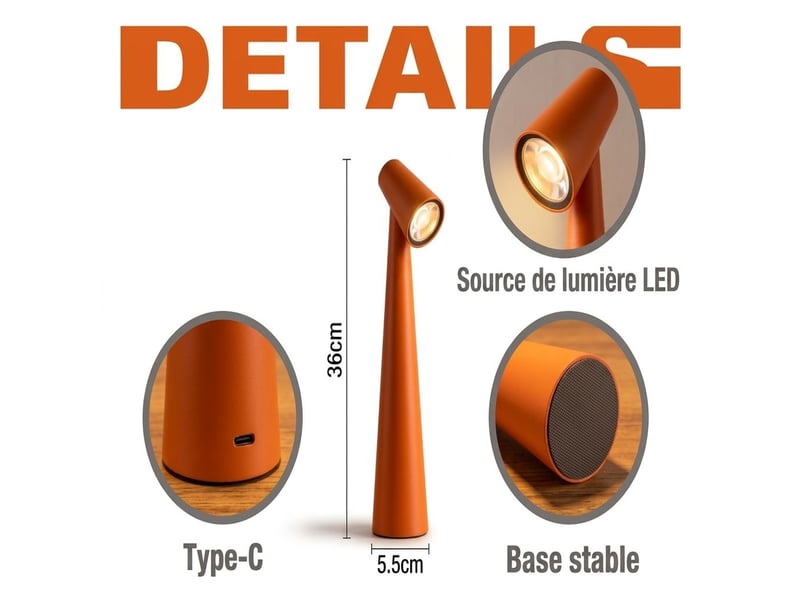  Lampe de table nomade led tactile avec tête inclinée – lampe de lecture et veilleuse de nuit dimmable rechargeable 1200 mah ultra fine – jaune  - Conforama D