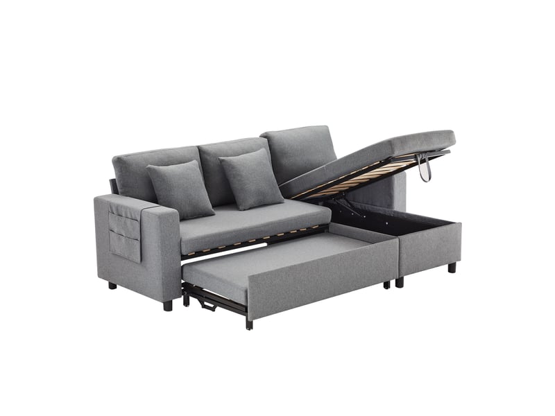  Canapé d'angle convertible l 3 places avec coffre de rangement, méridienne réversible gauchedroite, fonction lit, poche latérale, 2 coussins, tissu aspect lin - gris foncé  - Conforama A
