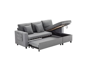 Canapé d'angle convertible l 3 places avec coffre de rangement, méridienne réversible gauchedroite, fonction lit, poche latérale, 2 coussins, tissu aspect lin - gris foncé