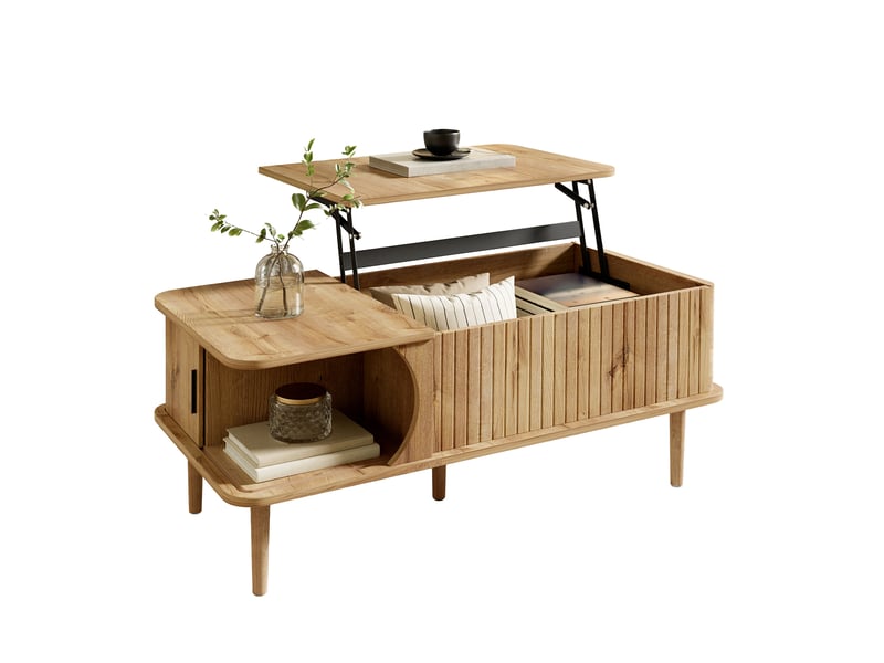 Table basse relevable avec porte coulissante et rangement, style rétro pour salon, mdf naturel 100 × 48 × 55,5 cm - Conforama A