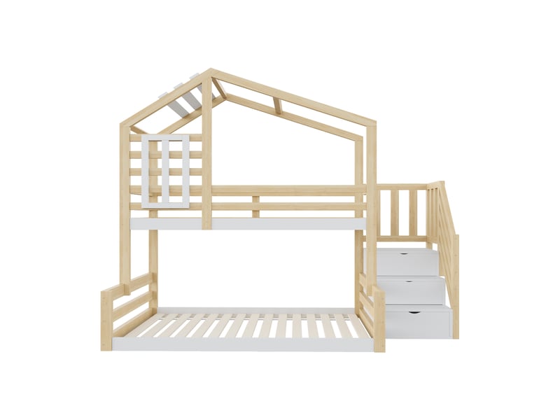  Lit superposé naturel 90x200 cm en pin, fenêtre, escalier-rangement, style maison  - Conforama A