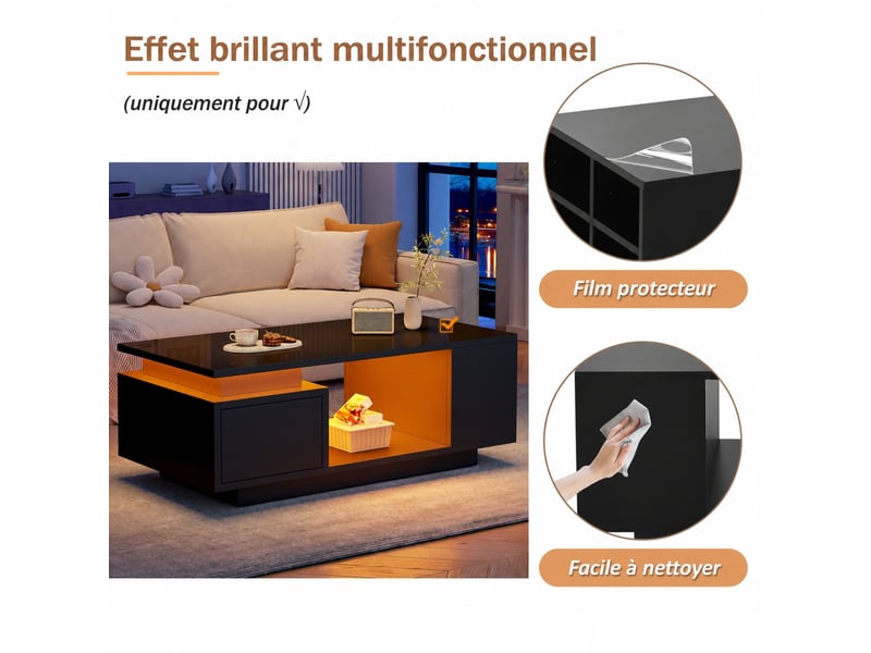  Table basse salon noir brillant avec led, tiroir espace de rangement et 4 compartiments, 100x50x36cm  - Conforama B