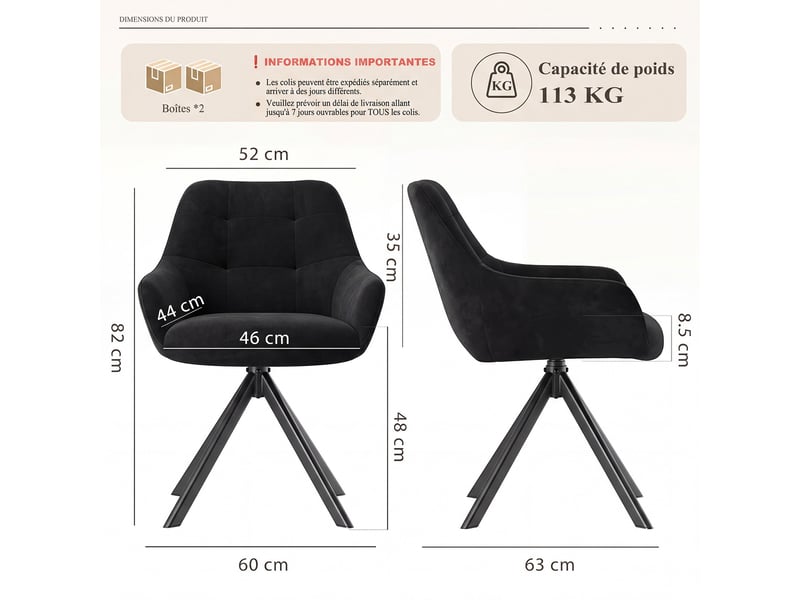  Lot 4 chaise pivotante premium avec demi-accoudoirs - chaise rotation à 360°base métallique haute stabilité, noir  - Conforama C
