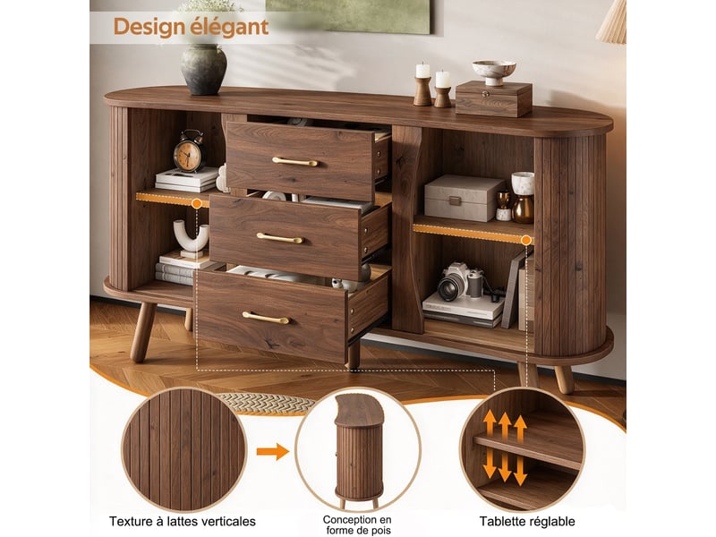  Buffet bas de rangement 150 cm effet noyer, 2 portes coulissantes rainurées, 3 tiroirs, étagères réglables et pieds en bois massif  - Conforama D
